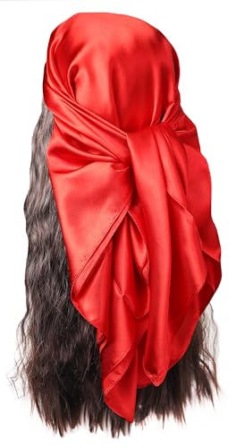 vabovin Satin Head Scarf for Women Solid Color, 35×35 in | Silk Feel Neckerchief, Hair Scarf, Fashion Bandana, Headscarf, Headband, Hair Wrap Sleeping, Daily Fashion Styling - color: 216 Red