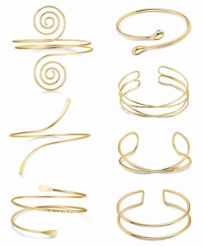 7Pcs Upper Arm Cuff for Women Gold Silver Open Arm Cuff Bracelets Adjustable Armlet Armband Minimalist Coil Swirl Arm Cuff Bracelet Jewelry - style: Gold-B