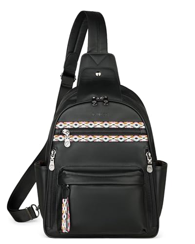 FADEON Large Sling Bag for Women, Leather Crossbody Purse Designer Anti Theft Sling Backpack, RFID Fanny Packs for Travel - color: Pure Black