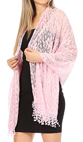 Sakkas Mari Women's Large Lightweight Soft Lace Scarf Wrap Shawl Floral and Fringe - color: Style3-pink