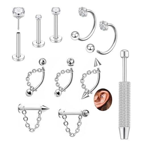CHARMONLINEVertical Labret Lip Piercing Jewelry with Chain, Top Push in Threadless Flat Back Stud 20G Small Thin Half Hoop Ear Piercing 316L Surgical Steel Ear Piercing Cartilage Earrings Lip Eyebrow Helix Ear Piercing Jewelry with Changing Tool - color: