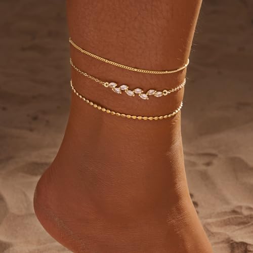 MIDEEO Gold/Silver Ankle Bracelets for Women,14K Gold Anklets for Women Waterproof Cuban Link Heart Beads Herringbone Rhinestone Anklets Set Layered Anklet Bracelets for Women Gold Jewelry Gift - style: 3Pcs Anklets I-Gold
