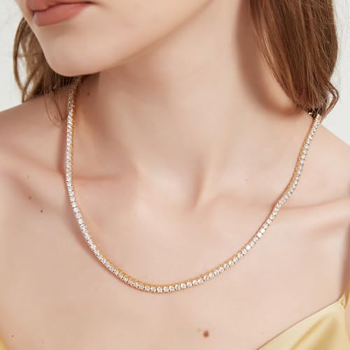 BREN Tennis Necklace - 3mm 4mm 5mm Iced Out Diamond Tennis Chain 5A Cubic Zirconia Necklace - 18K/White Gold Plated Flat Tennis Necklace for Women and Men Size 16"-22" - color: Gold-3mm, size: 20 inch