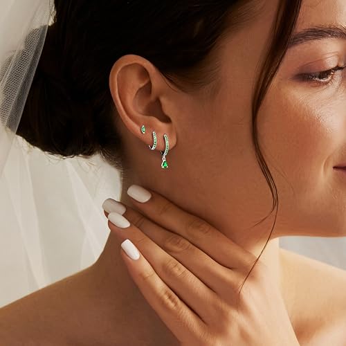 14K Gold Plated Small Huggie Hoop Earrings Set for Women, Hypoallergenic Dainty Sterling Silver Dangle Studs for Cartilage Helix, Lightweight Trendy Cute Stack Birthstone Jewelry Gift - color: 05_Emerald_May_Silver