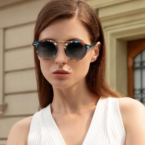 CARFIA Double Bridge Small Acetate Sunglasses for Women Polarized, Retro Metal Brow Ladies Sunnies Fashion Round Eyewears - color: 8. Blue Floral Tortoise Frame Gradient Grey Lens