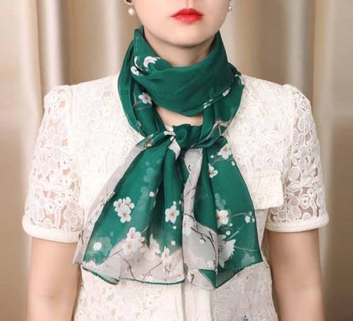Xyueanlo Women's Chiffon Scarf Lightweight Scarves Fashion Elegant Floral Print Scarfs Shawls - color: Little Plum Blossom Dark Green
