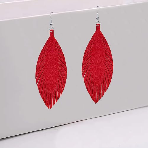 Large Genuine Soft leaf Leather Handmade Fringe Tassel Feather Lightweight Tear Drop Dangle Color Earrings for Women - color: Wine Red