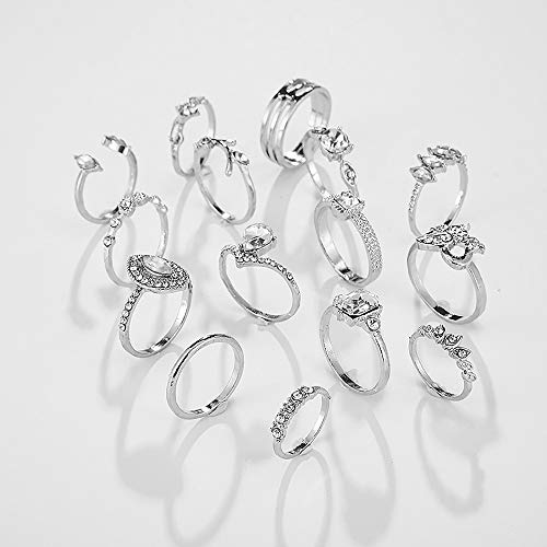 15 Piece Vintage Rhinestone Knuckle Ring Sets.Silver Leaf Pattern Crystal Stackable Ring Joint Nail Ring Midi Finger Ring for Women (Silver)