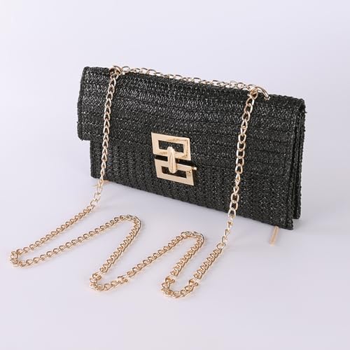 Huralona Women Straw Woven Clutch Purse Pleated Handbag for Summer Beach Vacation Straw Shoulder Crossbody Bag - color: Black1
