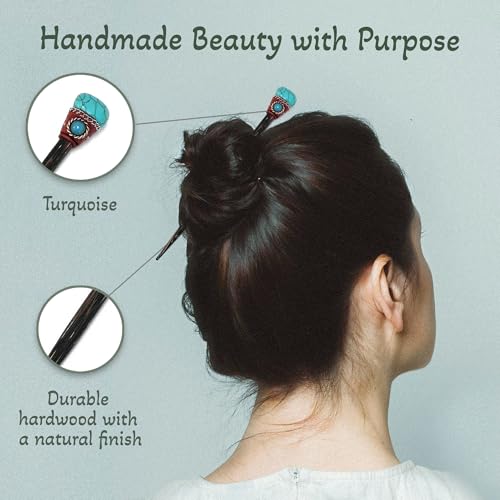 Mia Jewel Shop - Natural Tumbled Healing Gemstone Crystal Chonta Wooden Hair Sticks – Handmade Hair Sticks for Women | Hair Pins Boho Reiki Accessories, Fashion Gifts (Turquoise) - color: Turquoise