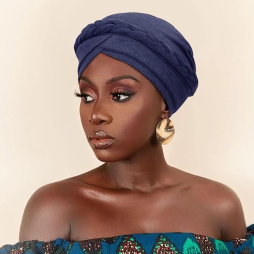 DRESHOW Turban Pre-Tied Twisted Hat Thread African Head Wraps for Black Women Chemo Cancer Cap Braid Hair Cover - color: 1 Pc Twisted Braid: Light Navy Blue