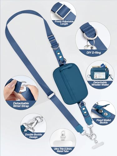 Tiostep Clip and Go Strap with Wallet Crossbody Phone Lanyard Adjustable and Detachable RFID Wristlet Wallet with ID Window and Zipper, Blue - color: Peacock Blue, size: Medium