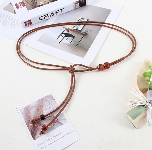 Womens Faux PU Leather Bead Rope Skinny Tie Belts for Skirt Dresses Jeans Pants Thin Dress Waist Belt - color: Brown