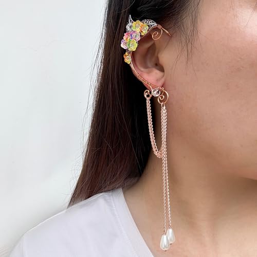 Elf Ear Cuffs, OwMell Handcraft Silver Pointed Fairy Elven Cosplay Fantasy Costume Bridal Wedding Earrings for Non Pierced Ears - style: Colorful Flowers with Pendant