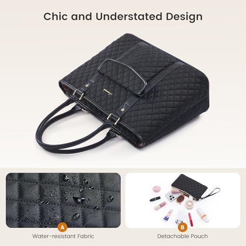 LOVEVOOK Laptop Tote Bag for Women 15.6 Inch,Waterproof Computer Bag for Laptop for Womens,Quilted Travel Work Tote Bags for Women,Stylish Laptop Bag Purse with Luggage Sleeve for Teacher,Nurse,Office - color: Black(quilted)-2, size: 15.6 Inch