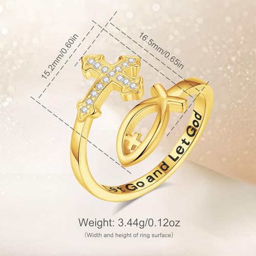 Vito 925 Sterling Silver Adjustable Open Spoon Ring for Women Men, Lotus Sunflower Snake Spoon Band Rings Feather Hug Witches Knot Inspirational Jewelry Gift for Wife - style: Jesus Fish-Golden