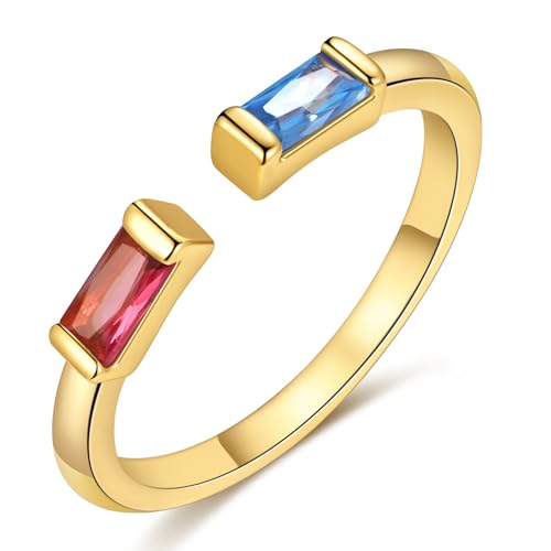 TOBENY Gold Birthstone Rings for Women 14K Gold Plated Adjustable Rings Non Tarnish Gold Stackable Rings Dainty Emerald Green Cubic Zirconia Ring for Mother Daughter Birthday Jewelry Gifts - color: Jul+Dec