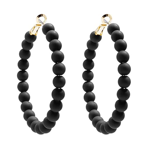 Bohemian Colorful Acrylic Resin Matte Beads Round Circle Hoop Drop Dangle Minimalist Chic Lightweight Earrings for Women Boho Geometric Beaded Statement Jewelry - color: black