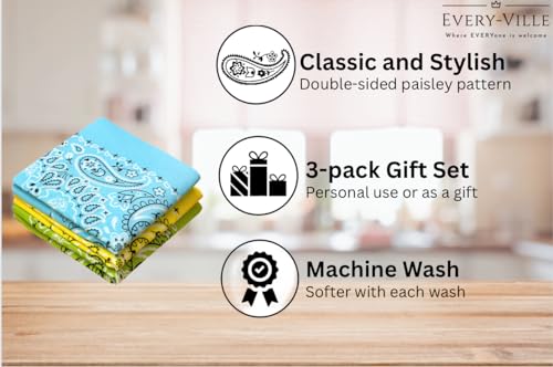 Classic Paisley Bandanas - 3 Pack Gift Set, 100% Cotton, 22x22 Inches - color: Green Yellow Blue