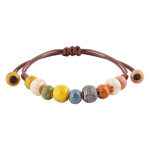 MINACHI Bohemian Colorful Ceramic Bead Adjustable Leather Bracelet, Boho Hippie Summer Jewelry Gift for Women - color: S02B