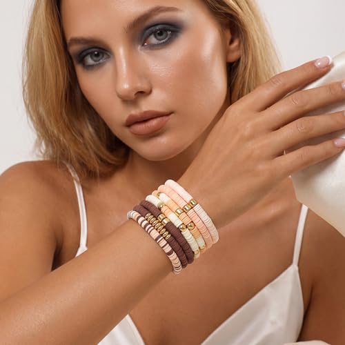 GOOJIDS Surfer Heishi Clay Bead Bracelets for Women Bohemian Stackable Gold Plated Beaded Stretch Bracelets Elastic Layering Friendship Bracelets Set Boho Jewelry - color: B-New Brown Color D