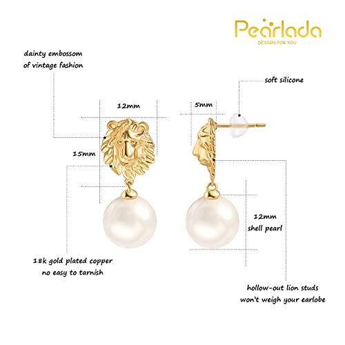 Gold Plated Huggie Hoop Earrings with Charms Fashion Pearl Drop Dangle Earrings for Women Handmade Karma Circle Jewelry for Ladies Lightweight Pearl Earrings on Christmas - color: lion
