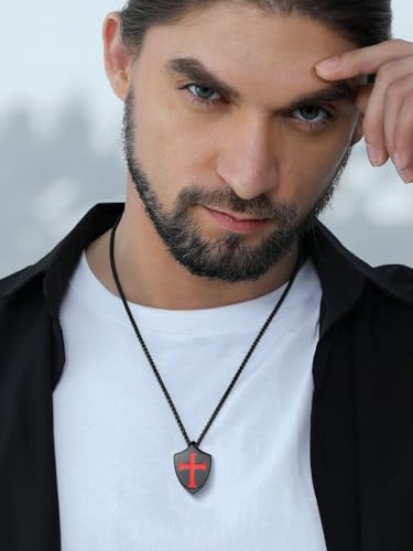 FaithHeart Knights Templar Necklace for Men, Christian Necklace for Men Stainless Steel Pendant Neckalces Christian Gifts with Gift Box - color: 06. Shield-Black(Custom)