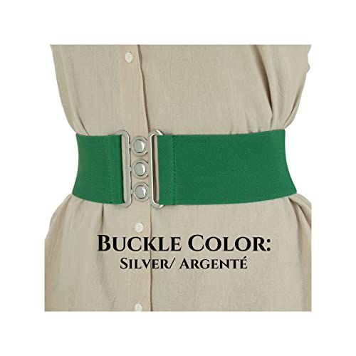 FASHIONGEN - Wide Waist Elasticated Woman Belt Made in France, GLORIA - color: Green (Silver Buckle), size: 2XL / waist size 36 to 41