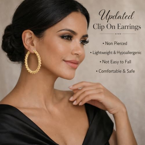 Symvikio Large Clip On Hoop Earrings for Women,14K Gold Big Circle Clip Hoops Chunky Earring Clips for Non Pierced Ears Lightweight Jewelry Gifts 50mm - color: Gold