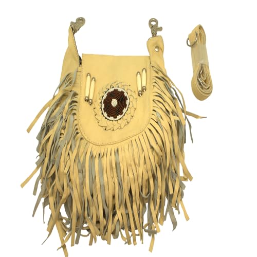 Women’s Genuine Leather Crossbody Belt Bag with Fur Fringe, Braided Bead Handcrafted Design, Clip-On Hip Fanny Pack with Jeans Loop, (J2400LB, Beige) - color: J2400LB-Beige