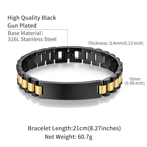 Custom Mens Bracelet Personalized Watch Band Engraved Name Bracelets for Men Customized ID Cuff Wristband Gift for Dad Husband - style: Black&Gold-1.5cm