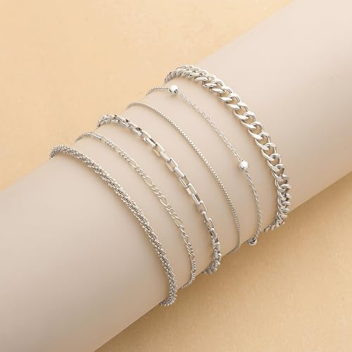 DEARMAY Sterling Silver Plated Bracelets Set for Women Waterproof, Non Tarnish Sterling Silver Link Chain Bracelets Pack Dainty, Fashion Jewelry Gifts for Everyday Comfortable - color: 6Pcs Silver Bracelets D