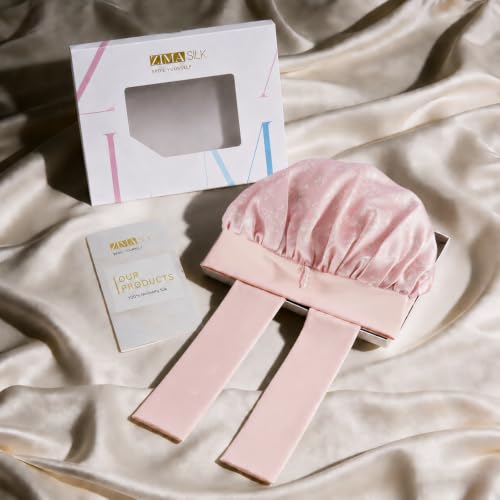 ZIMASILK 100% Mulberry Silk Bonnet for Sleeping Women Long Hair Double Layer Silk Hair Wrap with Tie Band Stay On Head (1Pc, Blush Flower) - color: Blush Flower