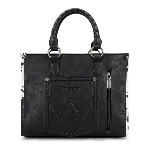 Montana West Wrangler Animal Print Tote Bag for Women Western Purse Boho Top Handle Satchel Handbag - color: Cow Black