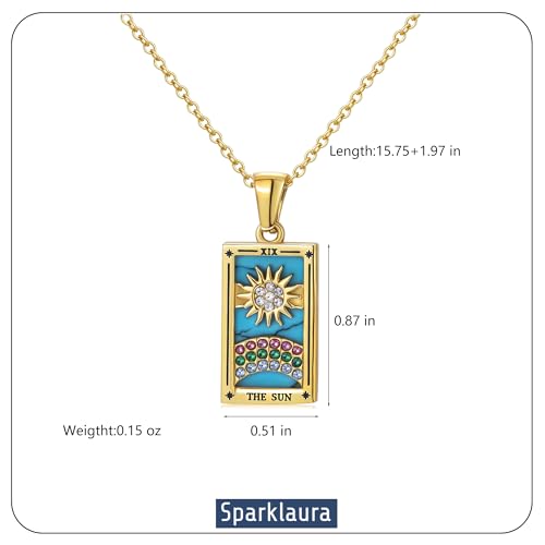 Gold Tarot Card Necklace for Women Men, Non Tarnish 18K Gold Plated Vintage Lucky Charm Square Pendant Talisman Amulet Necklaces Unisex Jewelry - style: The Sun