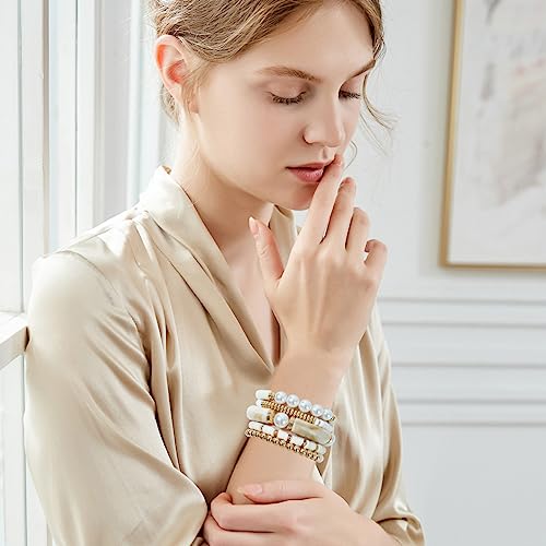 GOOJIDS Simple Beaded Gold Plated Bangles Bracelet Chunky Bamboo Tube Curved Stacking Clear Acrylic Colorful Beads Stretchable Gold Plated Bracelets Set For Women - color: A-A2 White Set