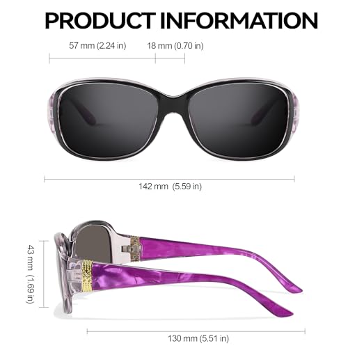 LVIOE Trendy Sunglasses for Women, Polarized Chic Wrap Around Sun Glasses UV400 Protection - color: A5 Black Purple Frame/Grey
