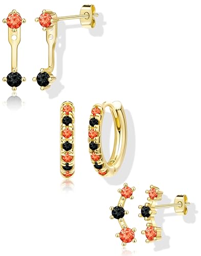 3 Pairs Dainty Small 4th of July Earrings for Women Trendy, Birthstone Stud Huggie Hoop Jacket Stack for Cartilage Helix, Gold Plated Hypoallergenic Cute Women Fashion Accessories Western Jewelry Gifts - color: Halloween Earrings(Gold Orange Black)