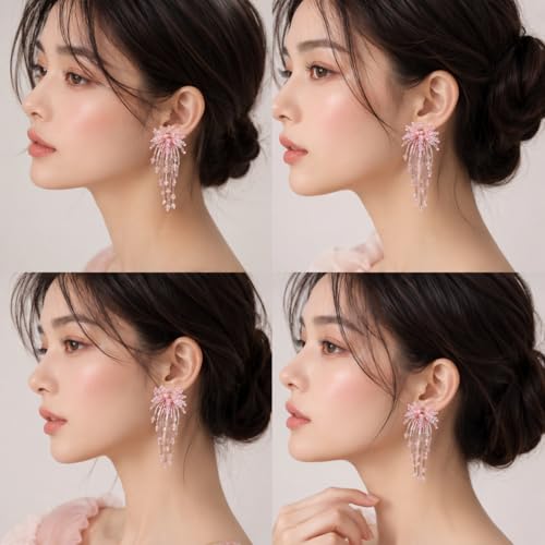 Native Beaded Tassel Earrings Boho,Fringe Drop Statement Seed Bead Tribal Dangle Earrings for Women - color: pink