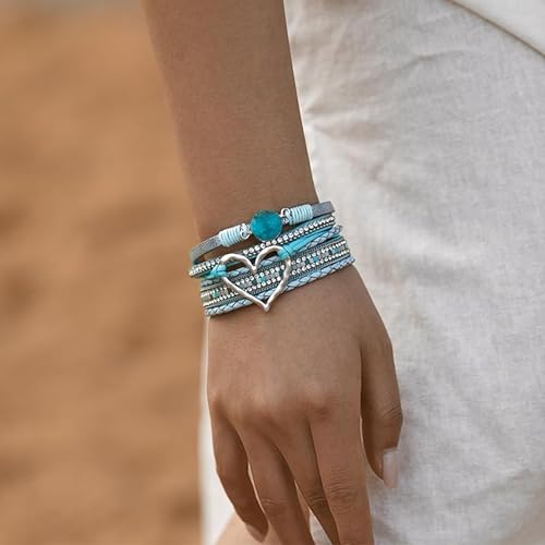 Long tiantian Leather Bracelets for Women Warp Bracelet Stackable Boho Layered Bracelet Chunky Heart Trendy Birthday Gifts for Her - color: B18:bracelet for woman