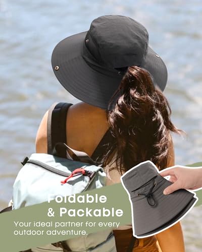 FURTALK Womens Sun Hat with Ponytail Hole Beach Hiking Summer Wide Brim UPF 50+ Outdoor Protection Foldable Bucket Hat - color: Dark Grey