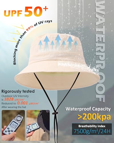 Water-Resistant Bucket Hat for Women Men Rain Hat UPF 50+ Boonie Sun Hat Foldable Summer Floppy Fishing Safari Hats - color: Light Beige