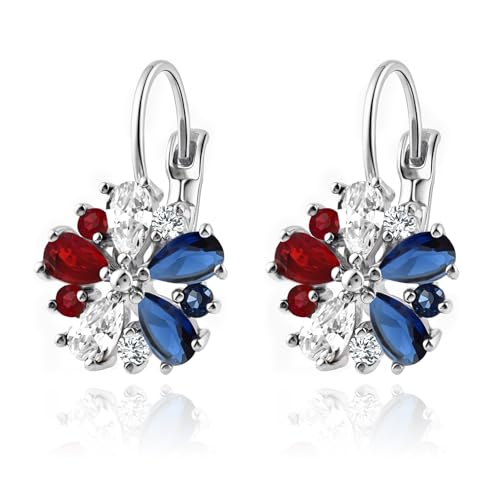 Vintage 14K Gold Plated Flower Birthstone Earrings - Hypoallergenic Leverback Floral Earrings, Trendy Jewelry Gifts for Women - color: Silver-Patriotic