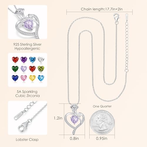 LOUISA SECRET Rose Flower Heart Birthstone Necklaces for Women, 925 Sterling Silver Jewelry, Pendant Heart Necklaces Birthday Anniversary Christmas Gift for Women Wife Mom Girlfriend Lady - color: White Gold-06-Jun