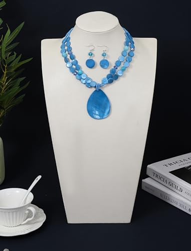 Big Teardrop Pendant Necklaces for Women Colorful Beaded Necklaces Statement Set for Holiday. - color: Light Blue