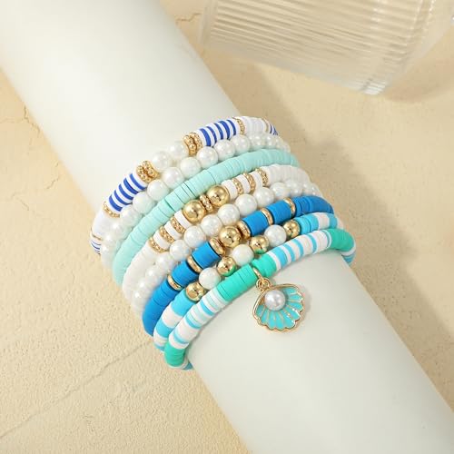 GOOJIDS Surfer Heishi Clay Bead Bracelets for Women Bohemian Stackable Gold Plated Beaded Stretch Bracelets Elastic Layering Friendship Bracelets Set Boho Jewelry - color: B-Blue Seashell Set