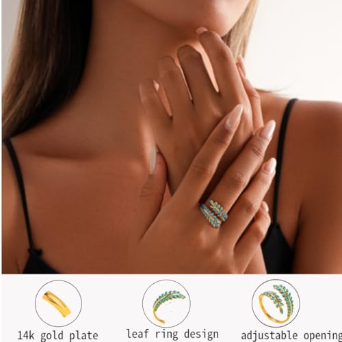 14K Gold Plated Adjustable Open Ring Dainty Cute Leaf Thumb Non Tarnish Gold Stackable Rings Vintage Unique Boho Western Turquoise Hypoallergenic Fashion Jewelry Gift - color: gold