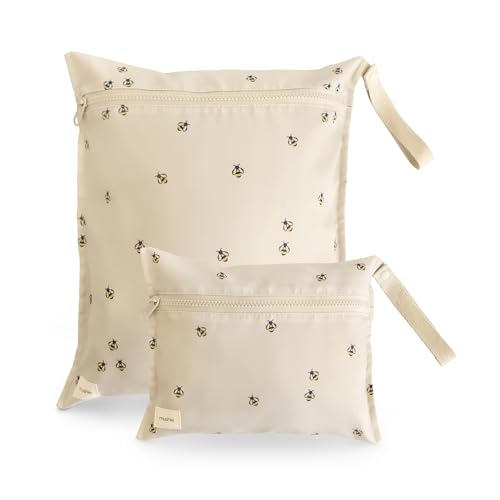 mushie Water Resistant Wet Bags | Large & Small Reusable Storage Bag for Baby Items and Travel | Zippered Pockets with Handle | Machine Washable, Set of 2 (Bees) - color: Bees