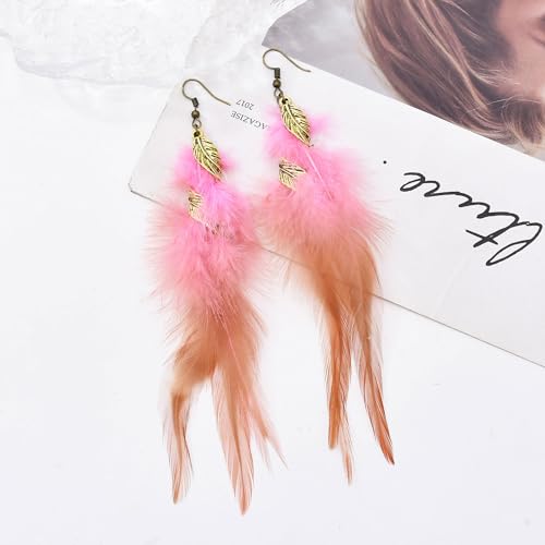 Feather Earrings for Women Bohemian Fringe Tassel Long Drop Dangle Earrings Lightweight Boho Statement earrings - color: pink