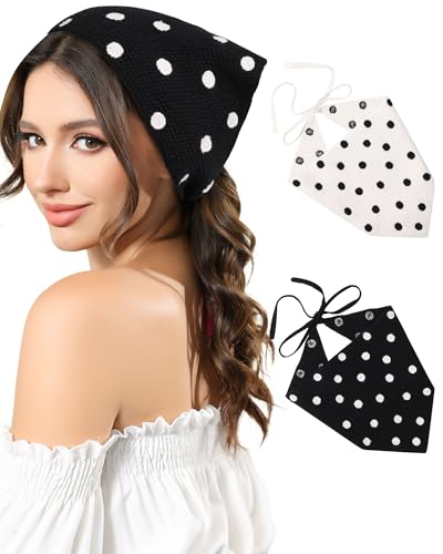 AWAYTR Crochet Head Scarf Hair Bandanas Women Knit Bandana Headband Scarf Tie-Back Head Coverings Floral Headscarf - color: Polka Dots - Black + White